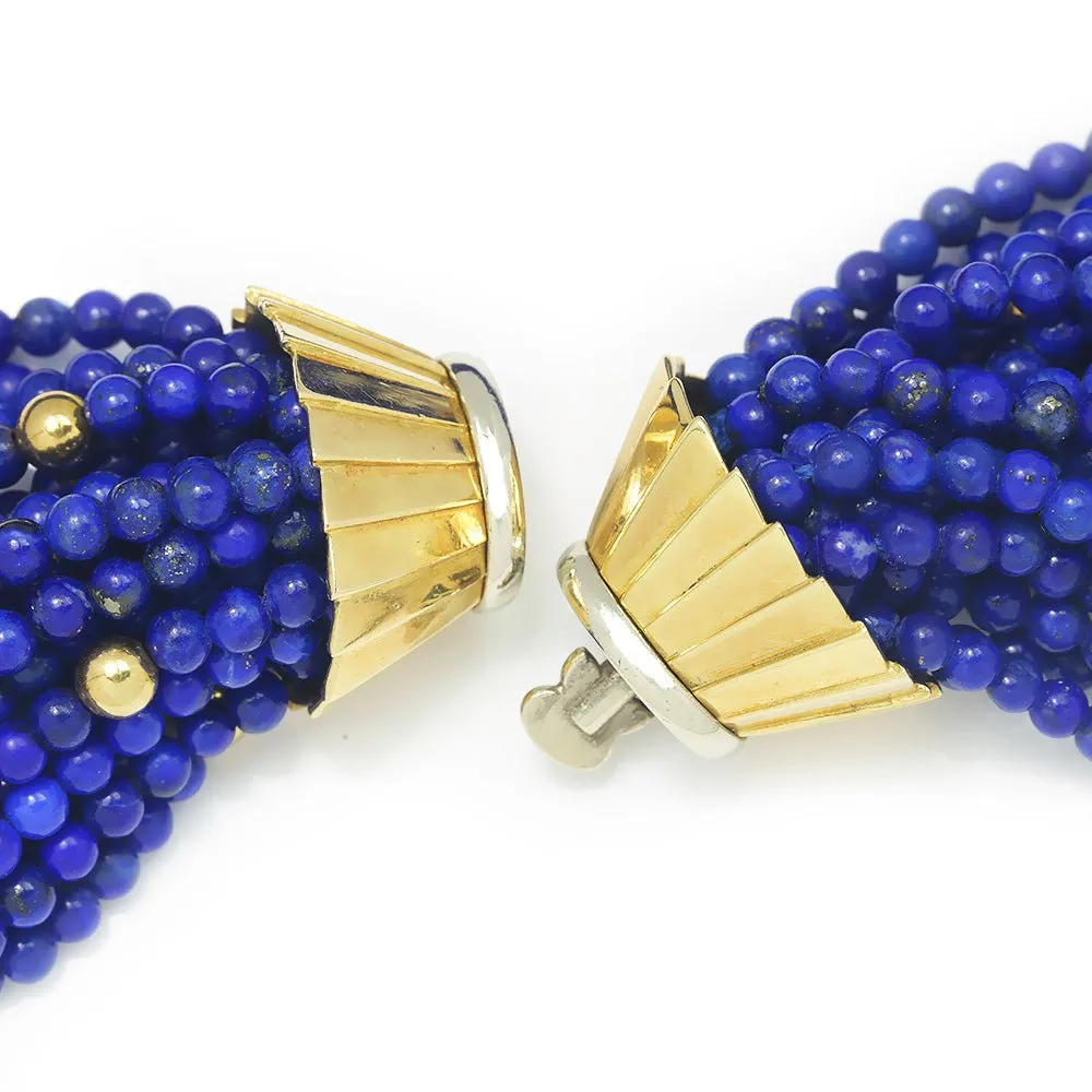 Vintage Multi-Strand Lapis Lazuli Bead Necklace 18K Gold 16"