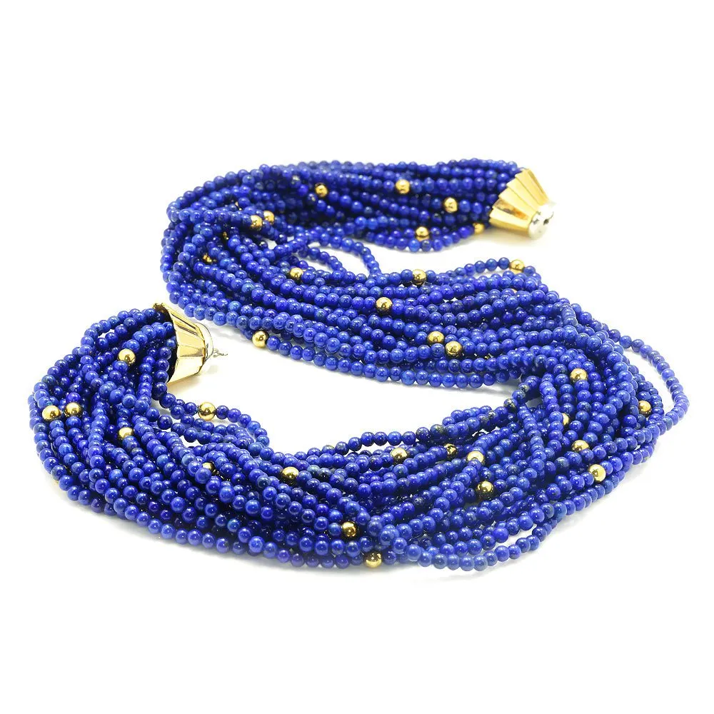 Vintage Multi-Strand Lapis Lazuli Bead Necklace 18K Gold 16"