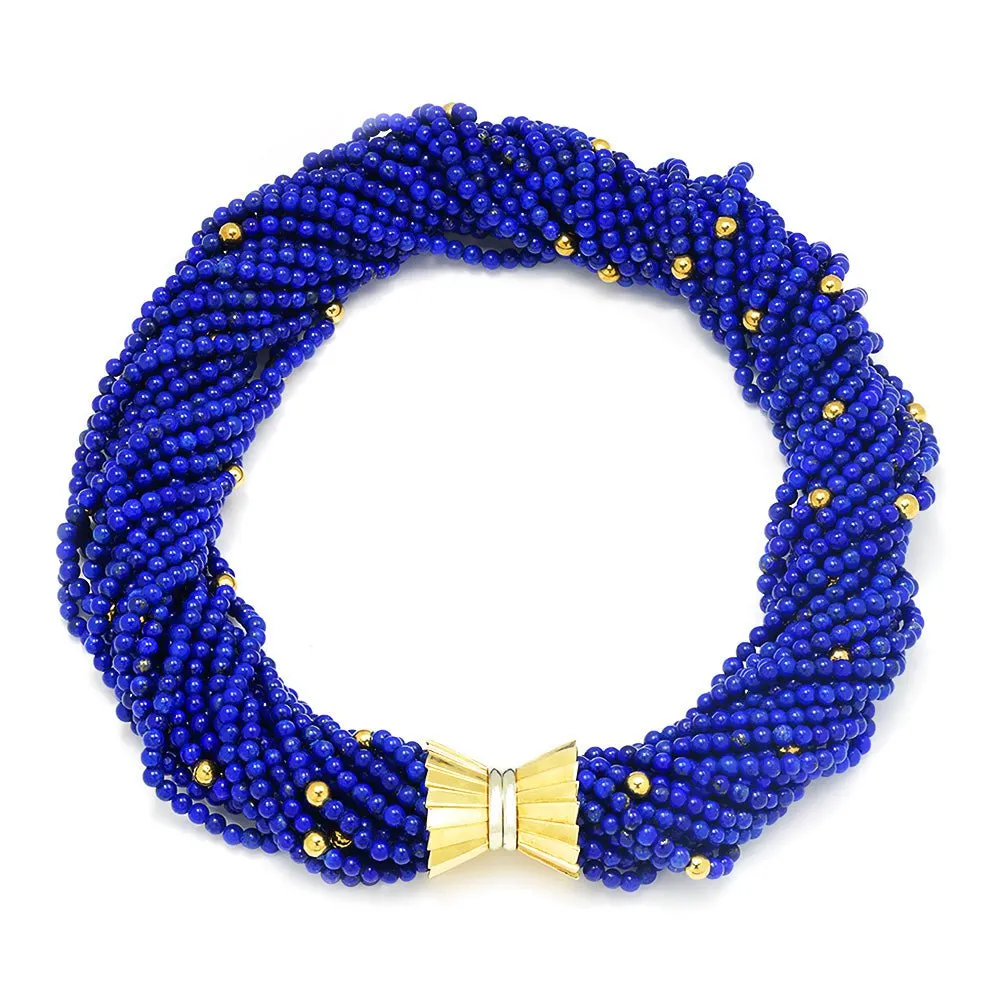 Vintage Multi-Strand Lapis Lazuli Bead Necklace 18K Gold 16"