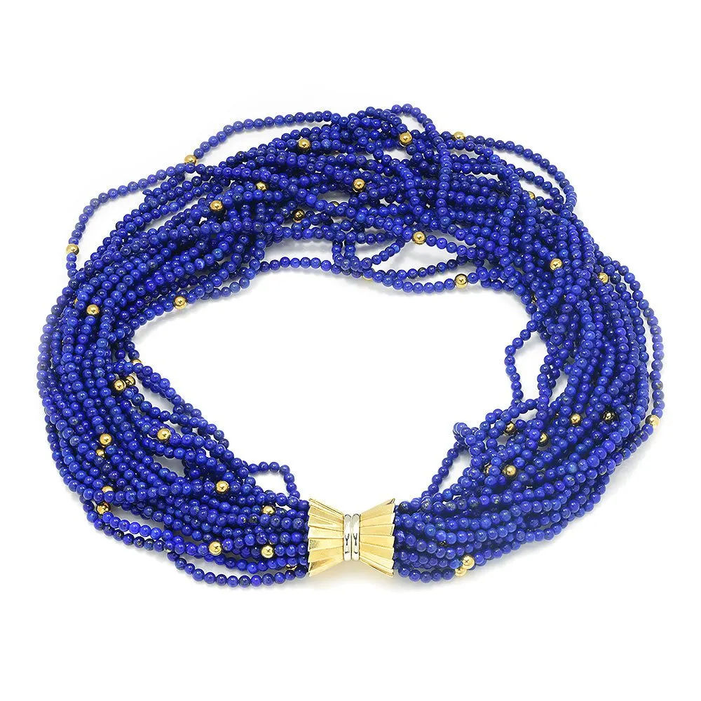 Vintage Multi-Strand Lapis Lazuli Bead Necklace 18K Gold 16"