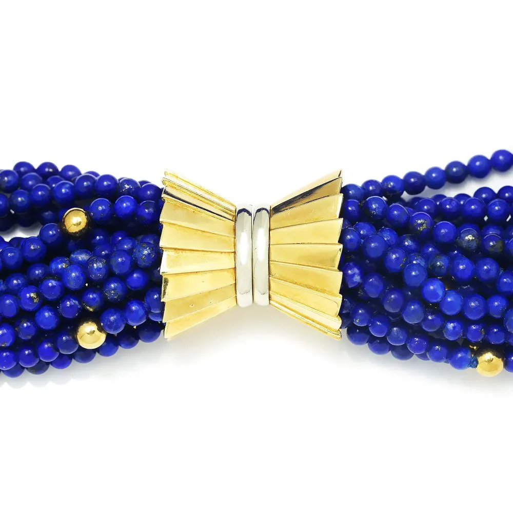 Vintage Multi-Strand Lapis Lazuli Bead Necklace 18K Gold 16"