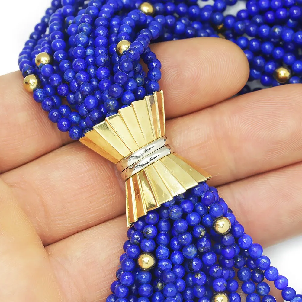 Vintage Multi-Strand Lapis Lazuli Bead Necklace 18K Gold 16"