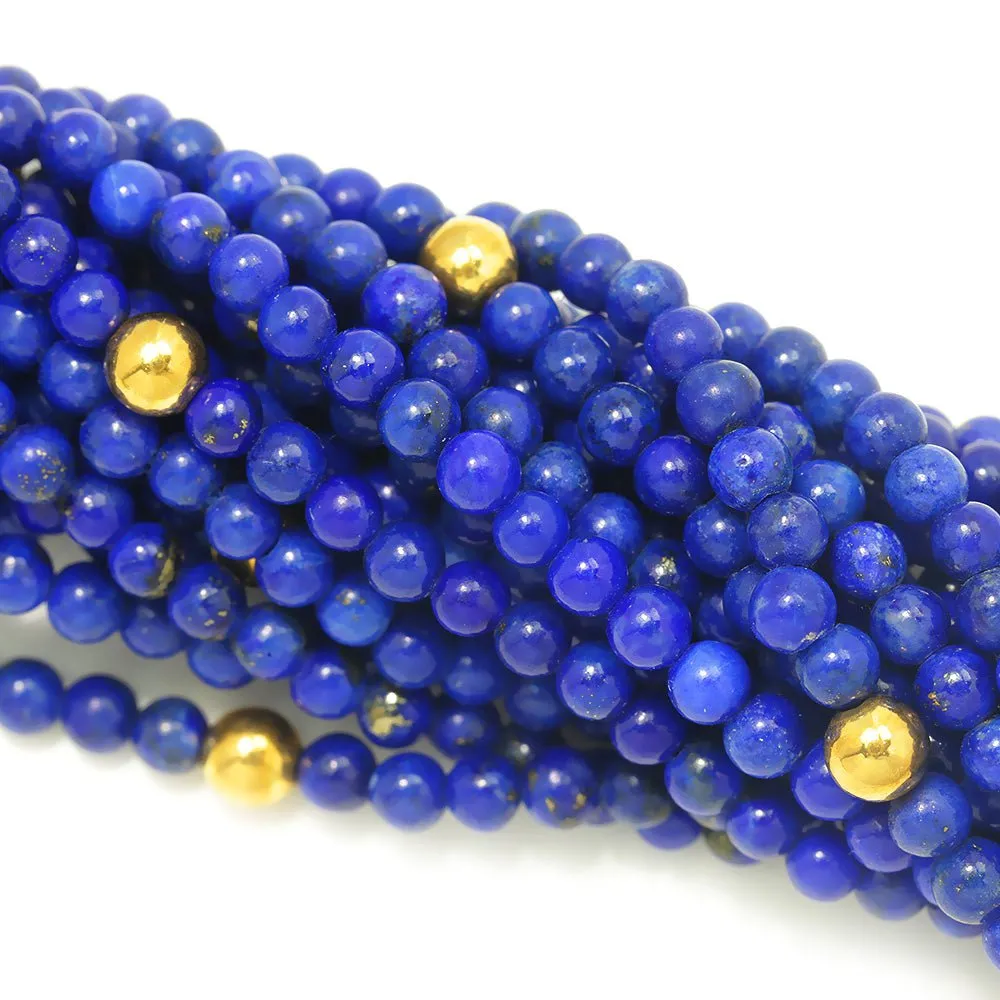 Vintage Multi-Strand Lapis Lazuli Bead Necklace 18K Gold 16"