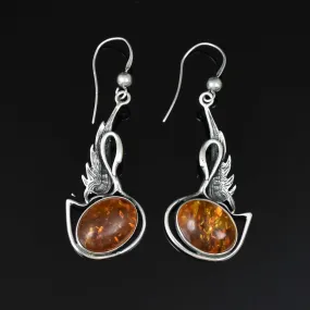 Vintage Silver Swan Amber Chandelier Earrings