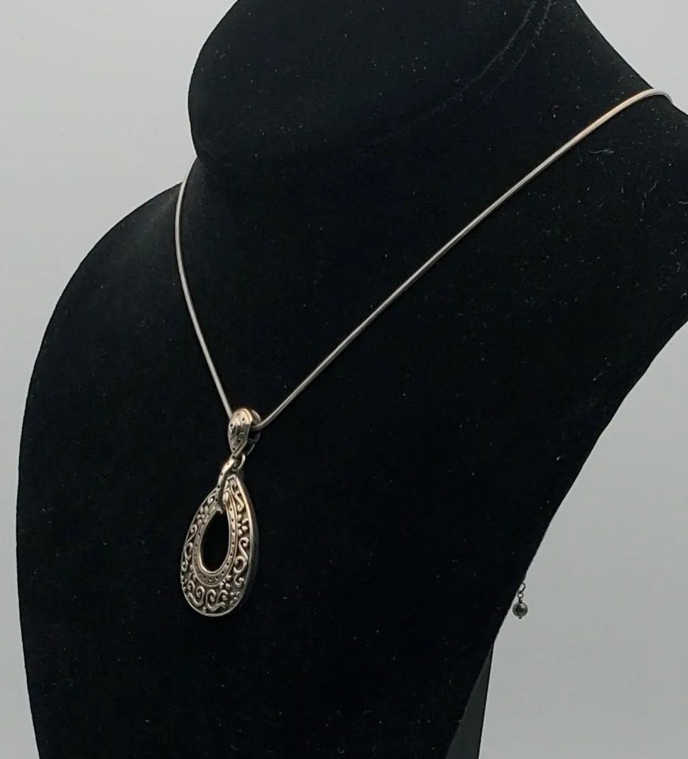 Vintage Sterling Silver Teardrop Filigree Pendant Necklace - 18   2.5"
