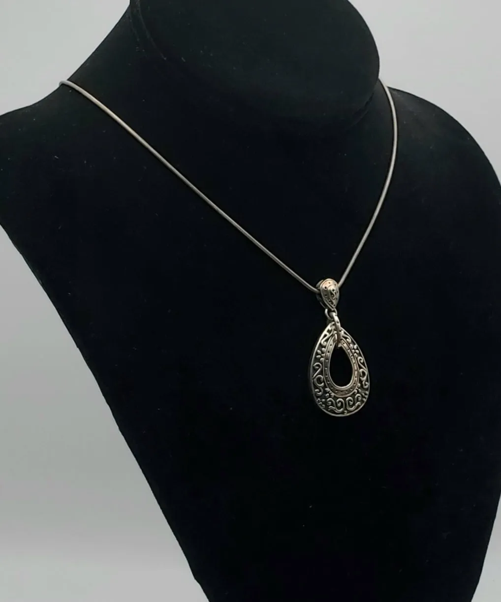 Vintage Sterling Silver Teardrop Filigree Pendant Necklace - 18   2.5"
